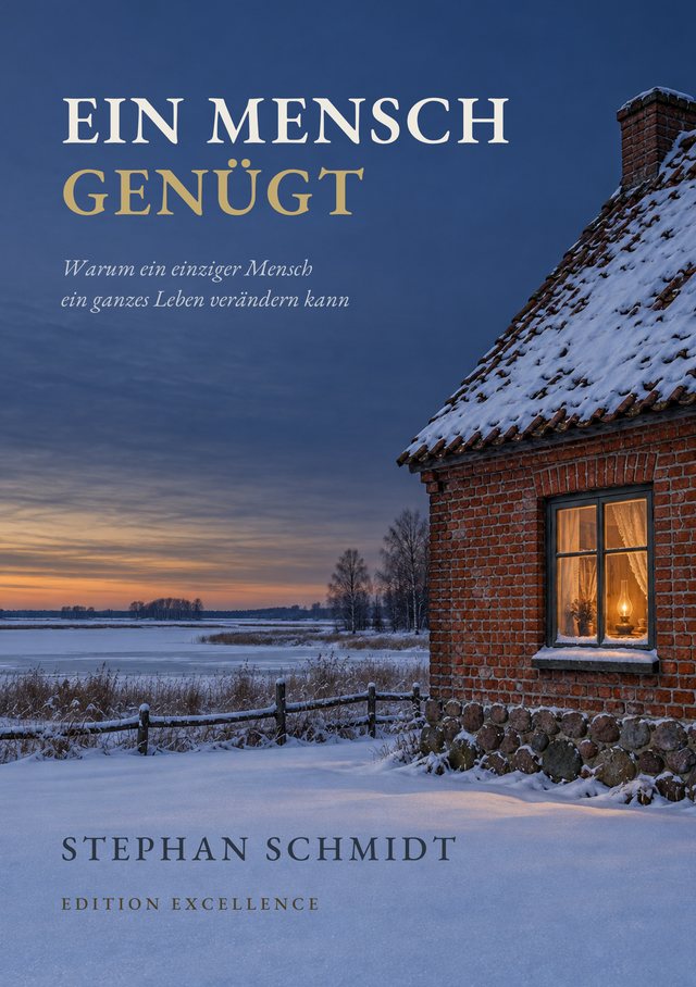 Buchcover „Ein Mensch genügt“ von Stephan Schmidt: ein altes Backsteinhaus am zugefrorenen See im Winterabend, ein Fenster leuchtet warm.